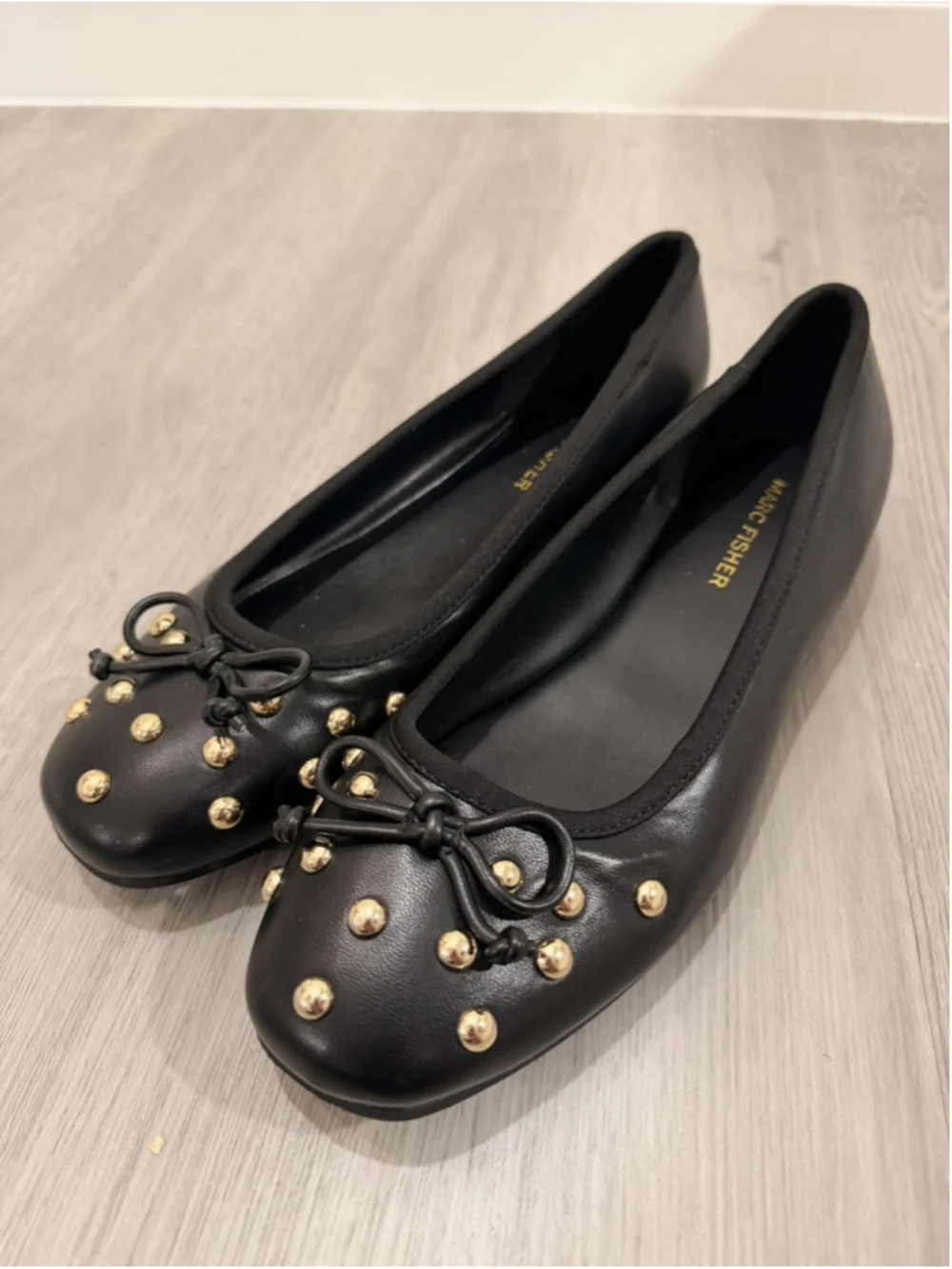 Marc Fisher Tempt Embellished Ballet Flats Size 8 Black with Gold Studs